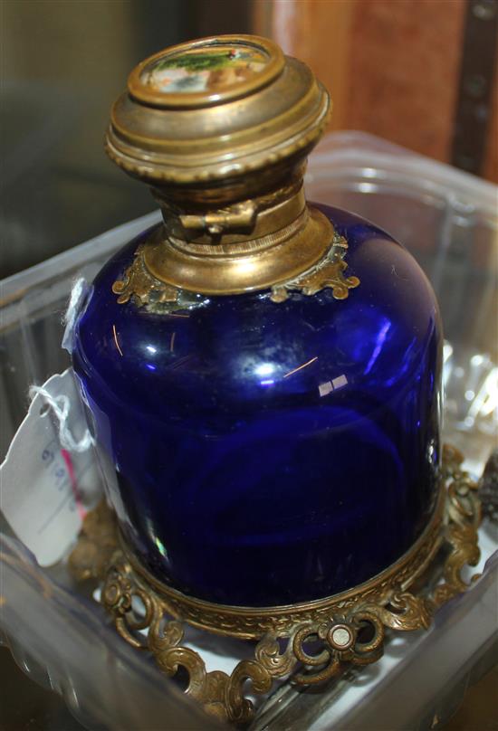 19C French gilt metal-mounted blue glass toilet bottle, with painted scene to hinged cover & sundry items